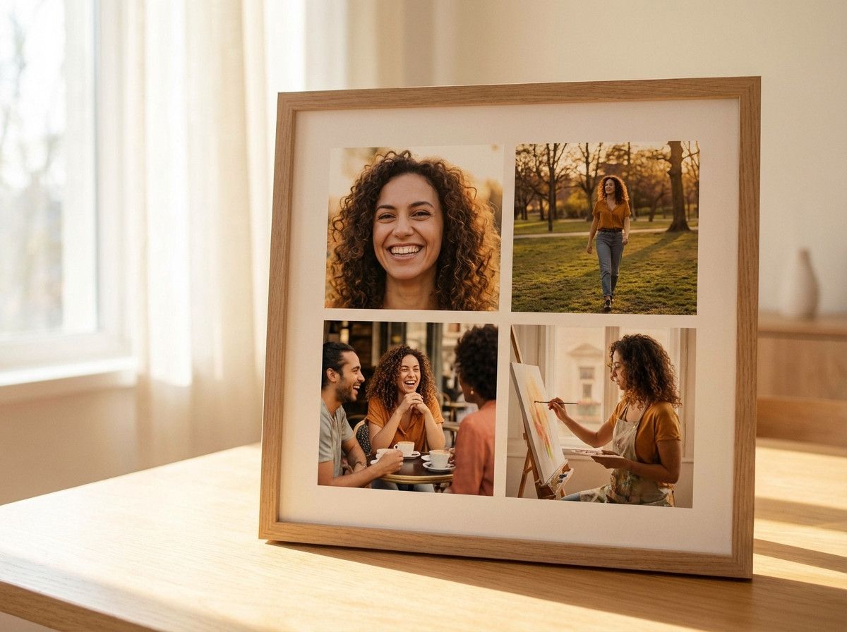 A collage of four photos of the same person. One is a close-up portrait with a smile, one is a full-body shot in a park, one is a candid photo of them laughing with friends, and one is a photo of them engaged in a hobby, like painting or playing guitar.