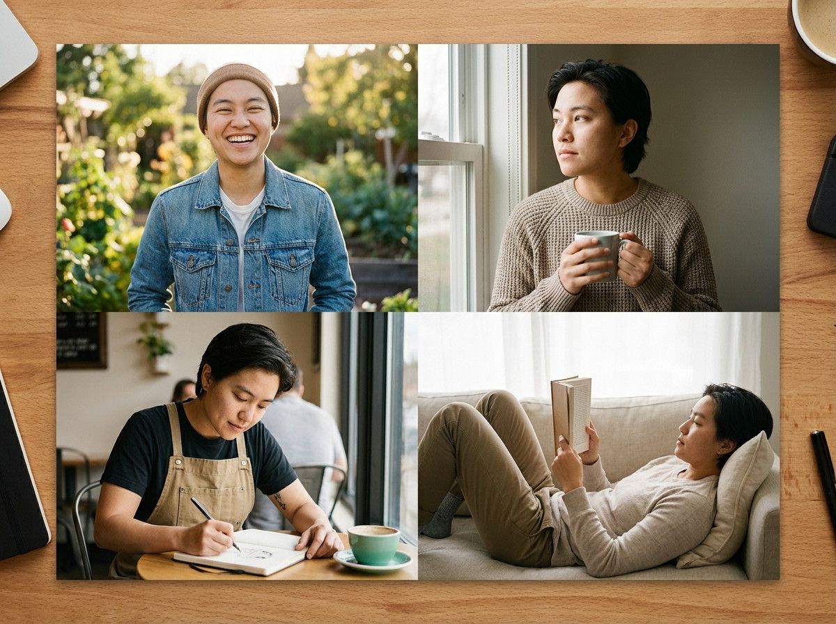 A collage or grid of four diverse lifestyle portraits of the same person (gender neutral, not showing distinct facial features) in different settings and expressions – one smiling outdoors, one looking contemplative indoors, one engaged in a light activit