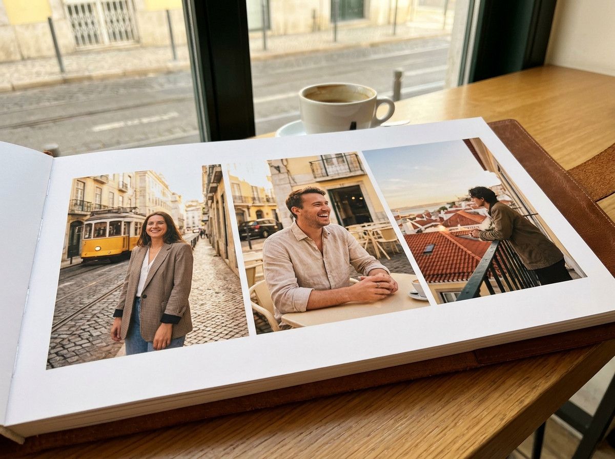 A collection of three professional, lifestyle portrait images of different individuals, showcasing natural poses and authentic expressions in diverse, upscale urban settings in Lisbon, arranged elegantly as if on a portfolio page.