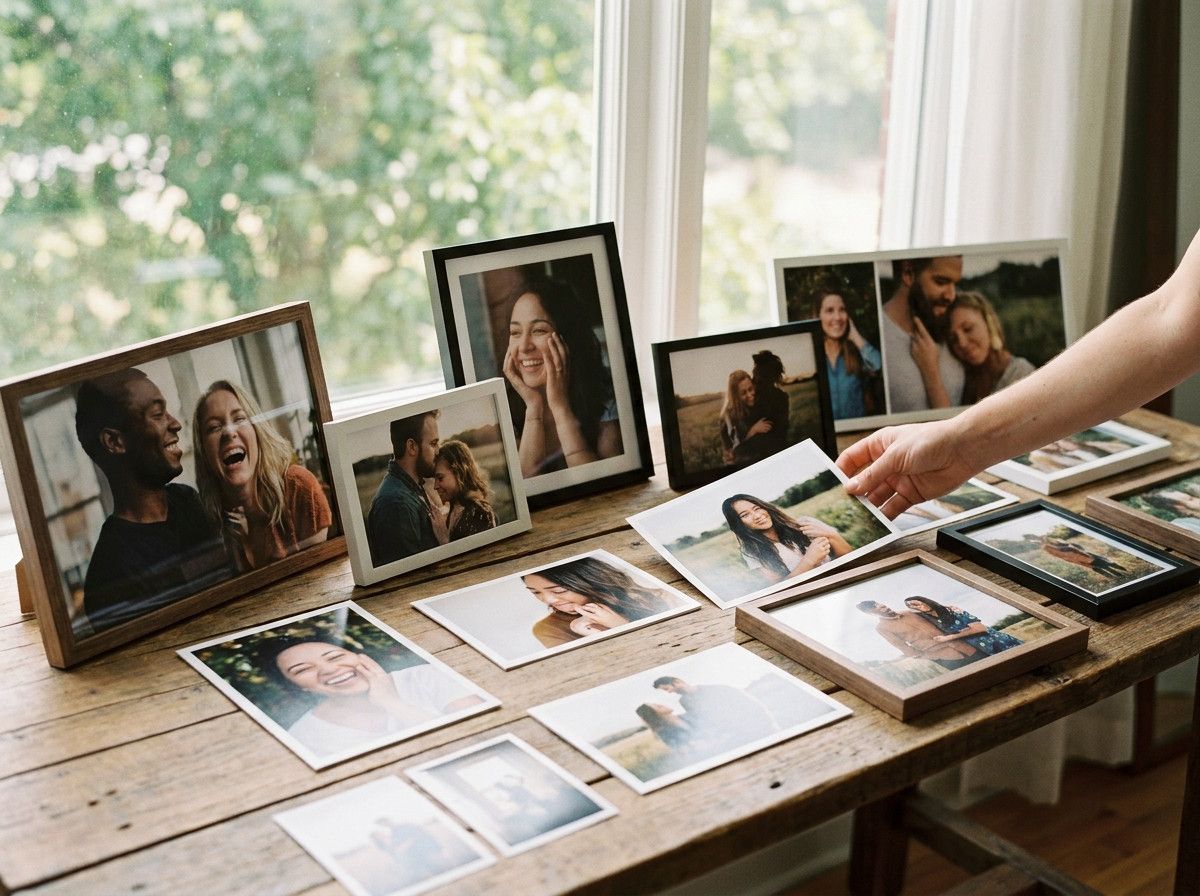A collection of diverse, naturally posed lifestyle portraits from a single photoshoot session, arranged neatly to show variety in expressions, angles, and moments, all professionally edited with a consistent, natural aesthetic. The photos should convey wa