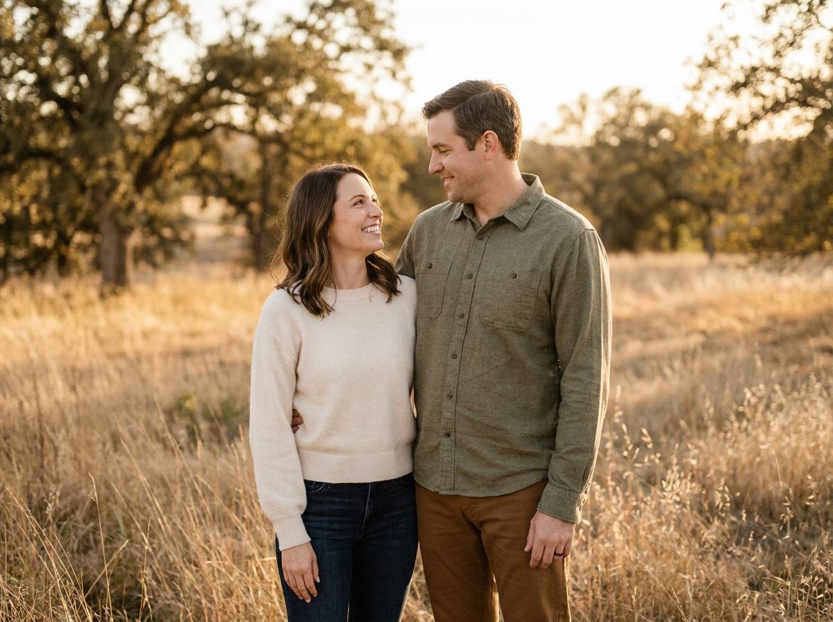 A couple dressed in complementary, not identical, outfits, standing close and smiling naturally. One person wears a soft knit sweater, the other a button-down shirt with a textured fabric. The colors are muted and harmonious, reflecting a natural, comfort