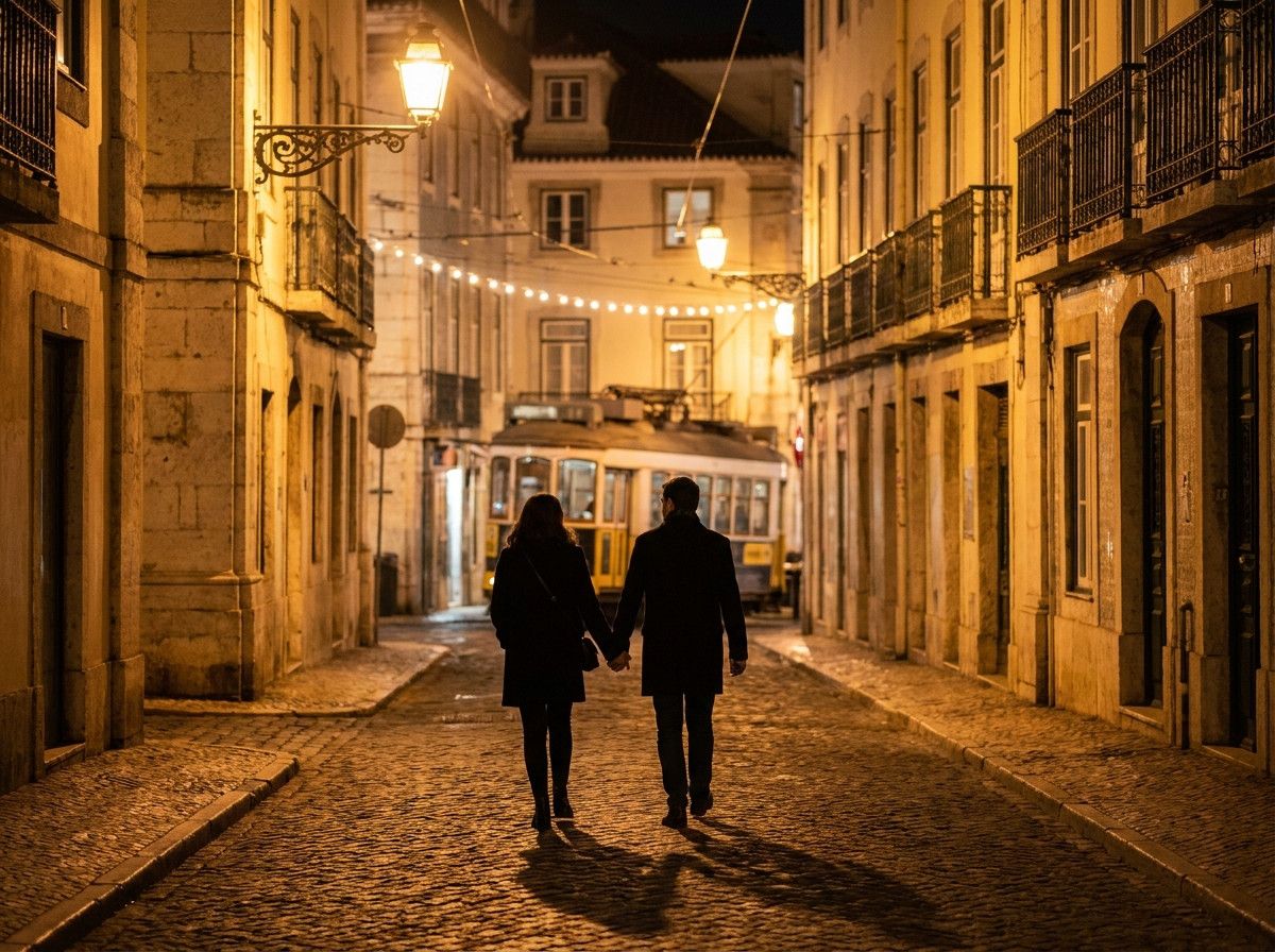 A couple embracing or walking hand-in-hand in a dimly lit, atmospheric street in Lisbon at night. Soft streetlights cast long shadows, and the background features charming, old buildings with subtle illumination. The scene should evoke romance and a class