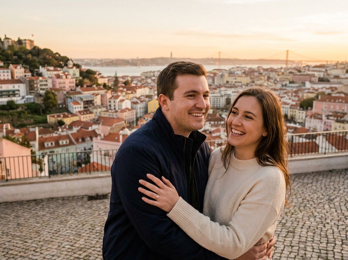 A couple embracing lovingly, with the woman-s hand subtly showing an engagement ring. They look joyful and anticipatory, set against a beautiful, romantic backdrop, possibly with a hint of Lisbon architecture in the distance.