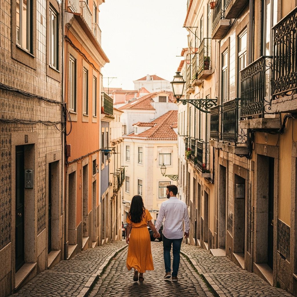 A couple holding hands walking up a narrow, cobblestone street in Alfama, Lisbon. The buildings are colorful and old, with traditional Portuguese tiles. The light is warm and golden.