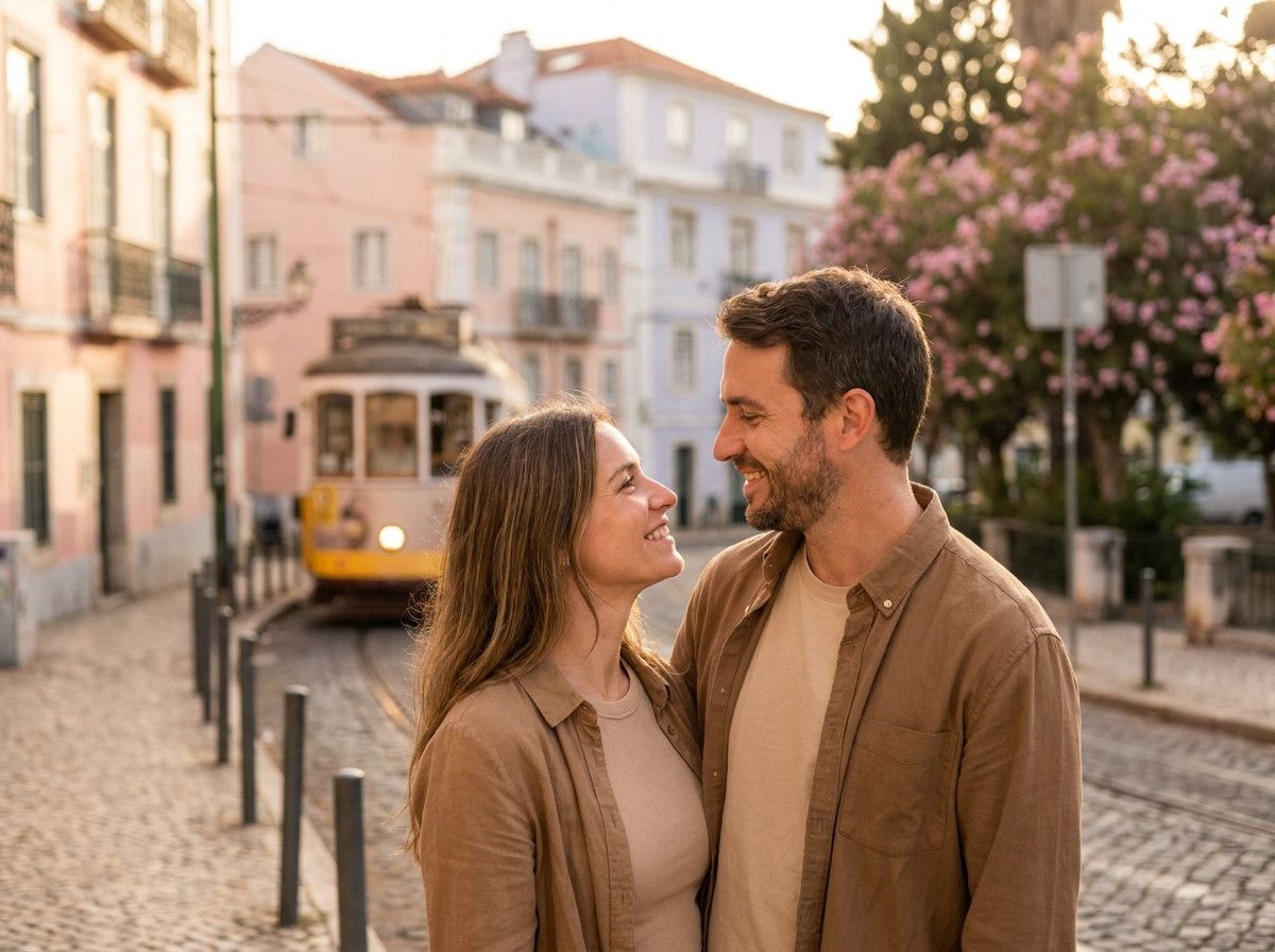A couple in Lisbon, looking at each other naturally and smiling, with the city-s charming streets in the soft background. The focus is on their genuine interaction, not on specific landmarks.
