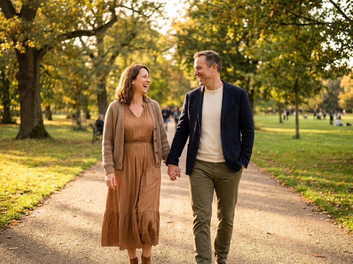 A couple in comfortable, coordinating but not matching, elegant casual attire, walking hand-in-hand in a park, laughing naturally. The focus is on their relaxed poses and harmonious outfits.