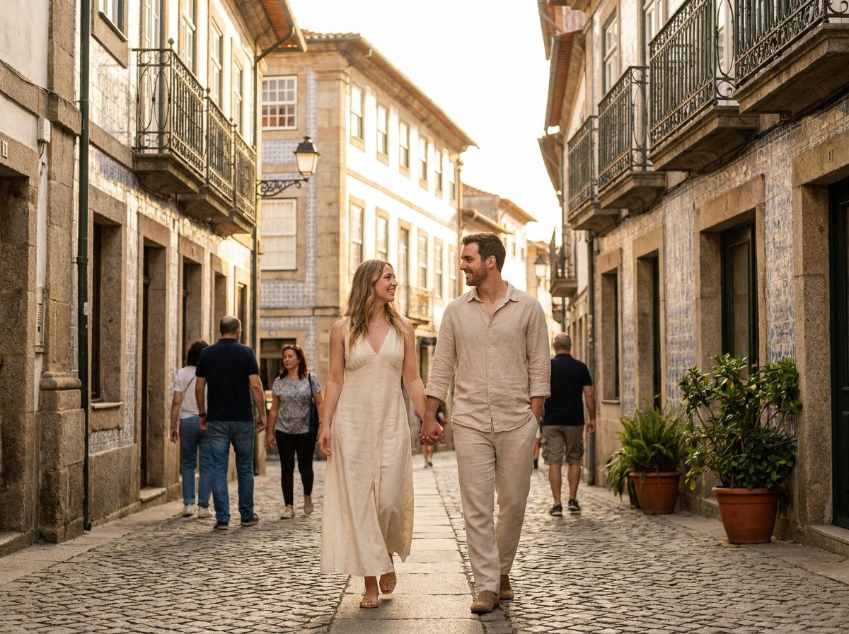 A couple in light, breathable linen clothing, walking hand-in-hand through a sunlit, historic Portuguese street. The woman wears a flowy dress and the man a relaxed shirt and trousers. The focus is on their comfort and natural interaction in a warm climat
