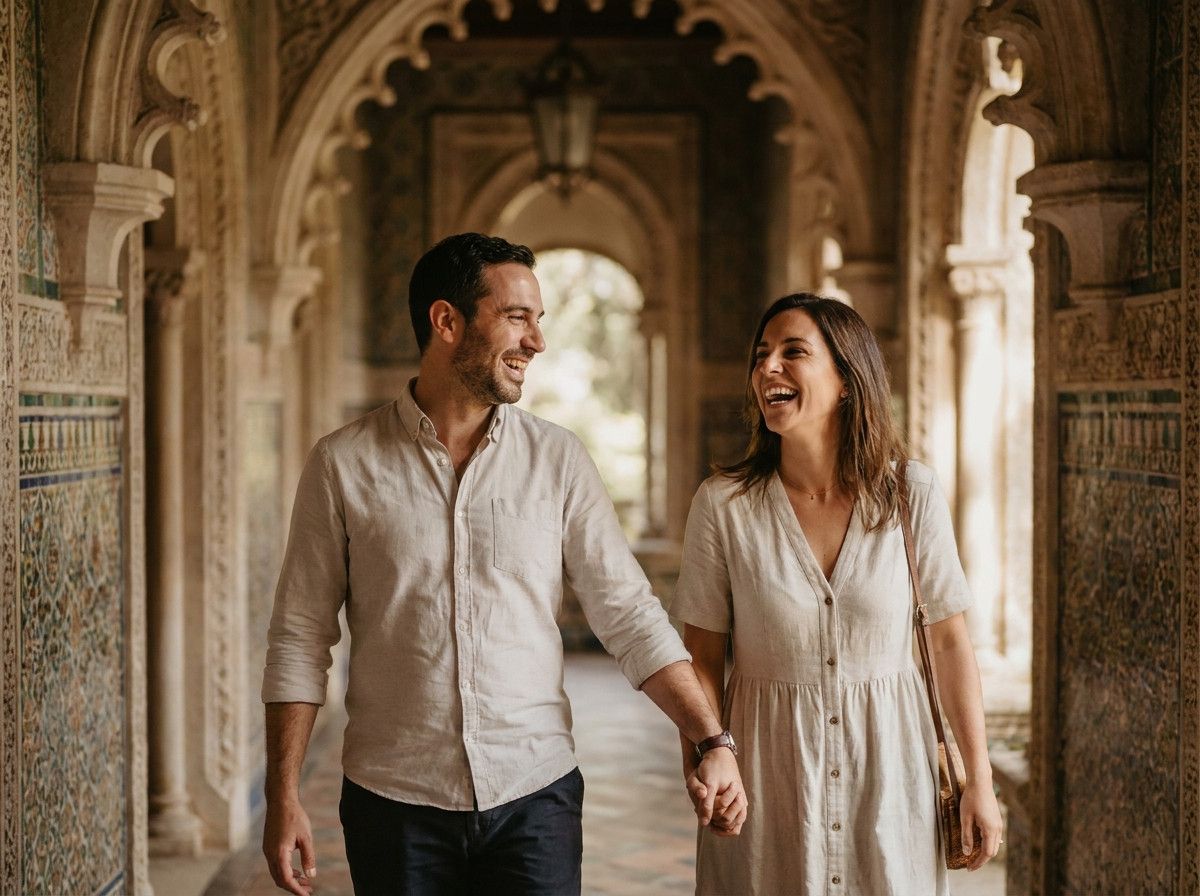 A couple laughing genuinely while walking through a shaded, ornate corridor inside Monserrate Palace. The focus is on their natural interaction and joy, with the intricate architecture blurred softly in the background.
