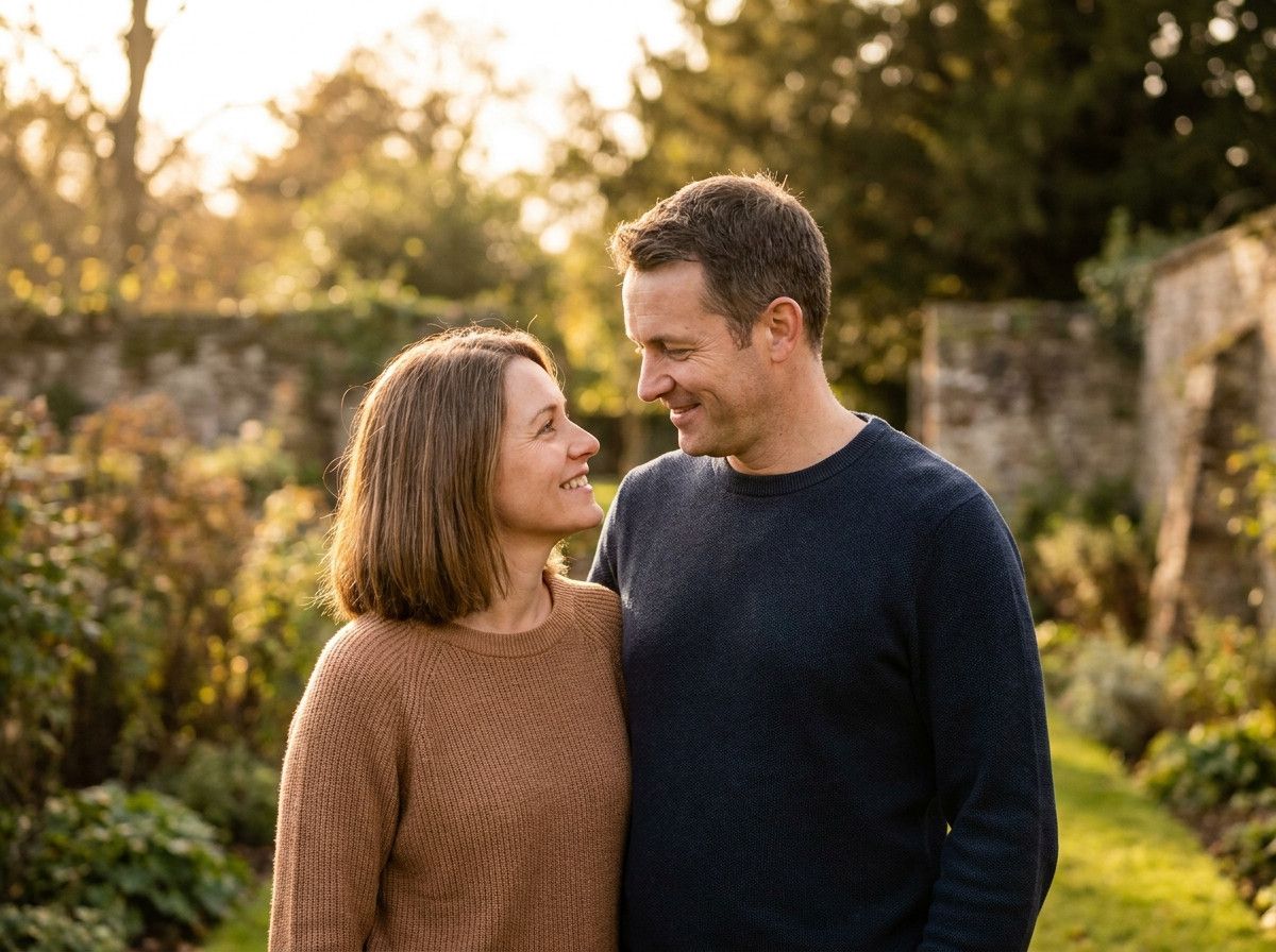 A couple looking at each other with genuine affection and gentle smiles, their faces illuminated by soft, natural light, conveying a sense of warmth and intimacy. Their interaction feels unposed and real.