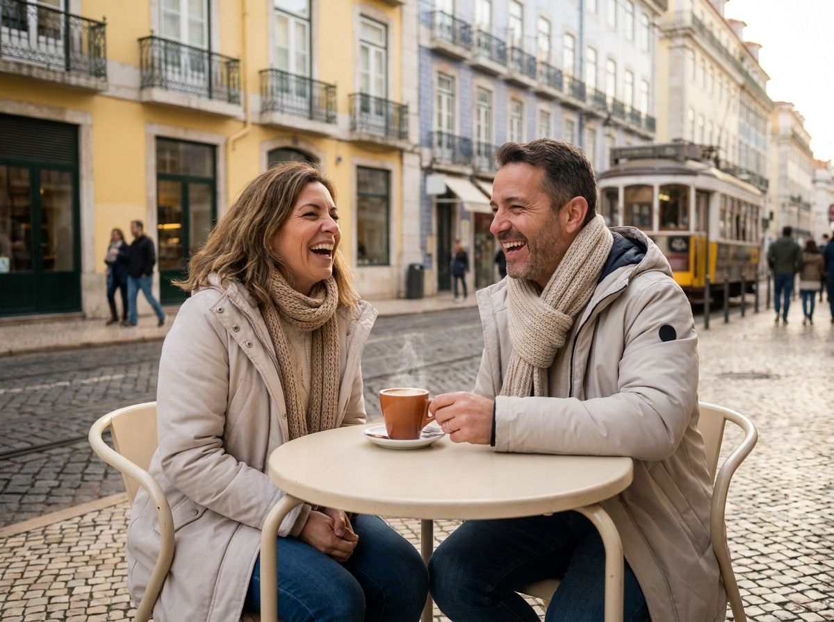 A couple sharing a laugh while sitting at an outdoor cafe in Lisbon, bundled in light winter coats and scarves. There-s a warm drink on the table. The background shows a charming, uncrowded street scene. The focus is on their natural expressions and comfo