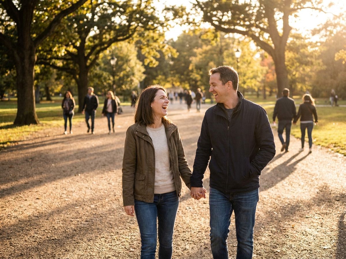 A couple sharing a genuine laugh while walking hand-in-hand through a sunlit park. The focus is on their natural interaction and joy, rather than a specific event.
