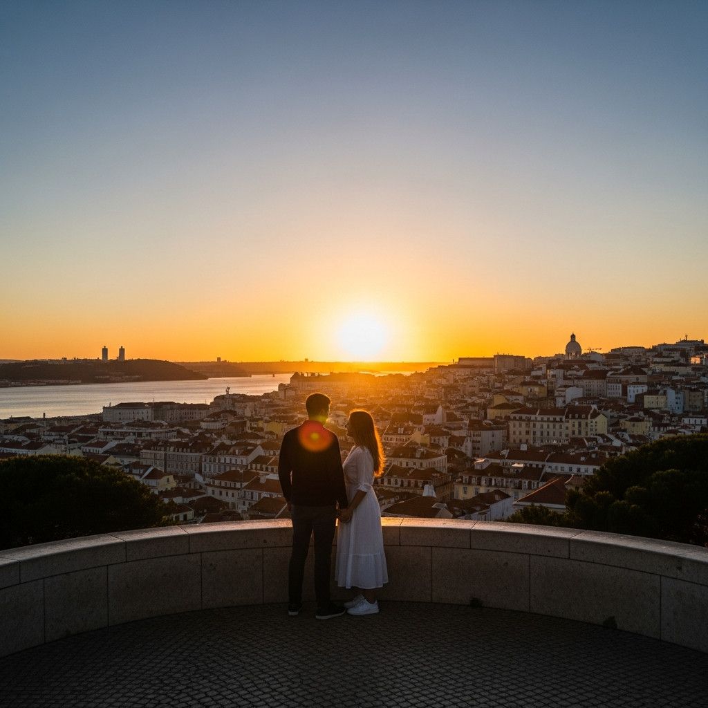 A couple silhouetted against the sunset, standing on a miradouro overlooking the Lisbon cityscape. The Tagus River is visible in the distance.