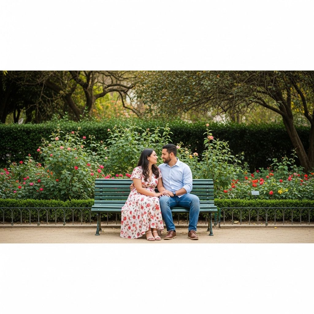 A couple sitting on a bench in a Lisbon garden, surrounded by lush greenery and flowers. The light is soft and diffused.