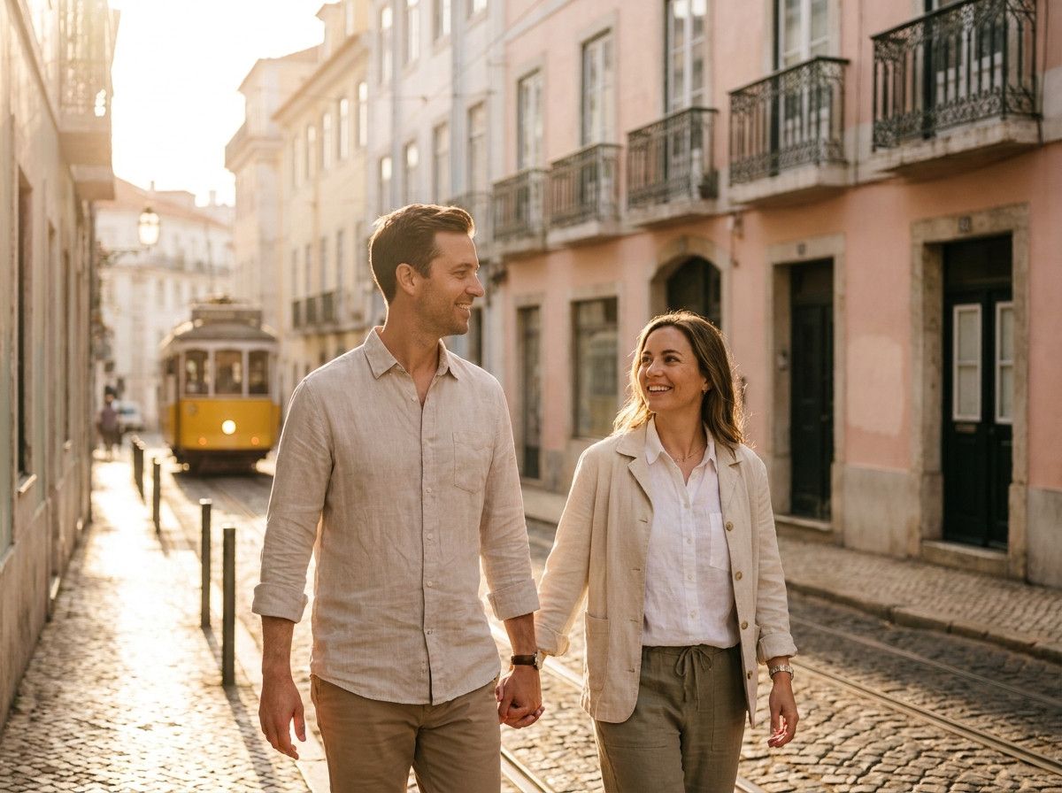 A couple smiling naturally, walking hand-in-hand through a sun-drenched, historic Lisbon street during golden hour, with soft, warm light illuminating them and the old buildings in the background. The focus is on their relaxed expressions and the beautifu