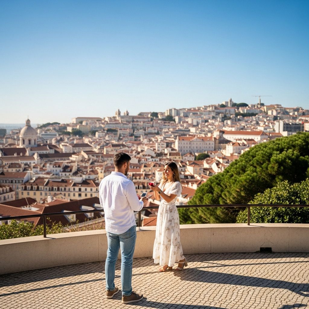 A couple standing on a scenic overlook in Lisbon, with the city sprawling behind them. The photographer is subtly positioned to capture the surprise proposal about to happen.