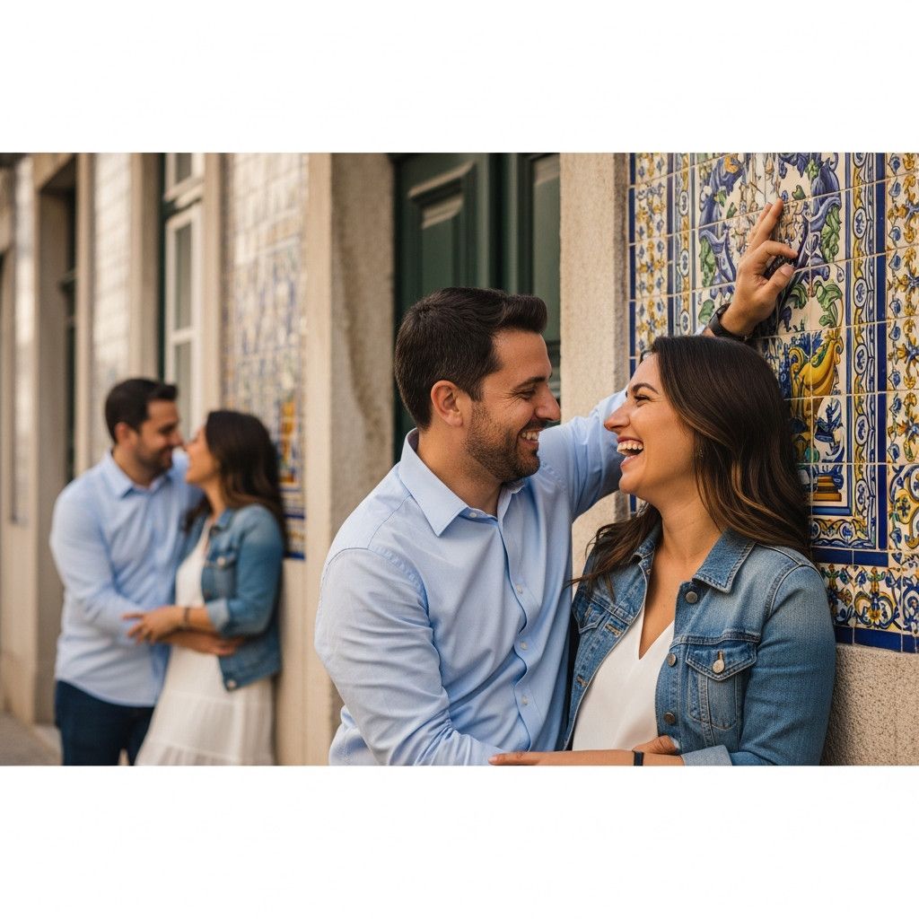 A couple standing close, leaning against a traditional Portuguese building with colorful tiles. They are laughing and looking at each other. The background is slightly blurred, emphasizing the couple.