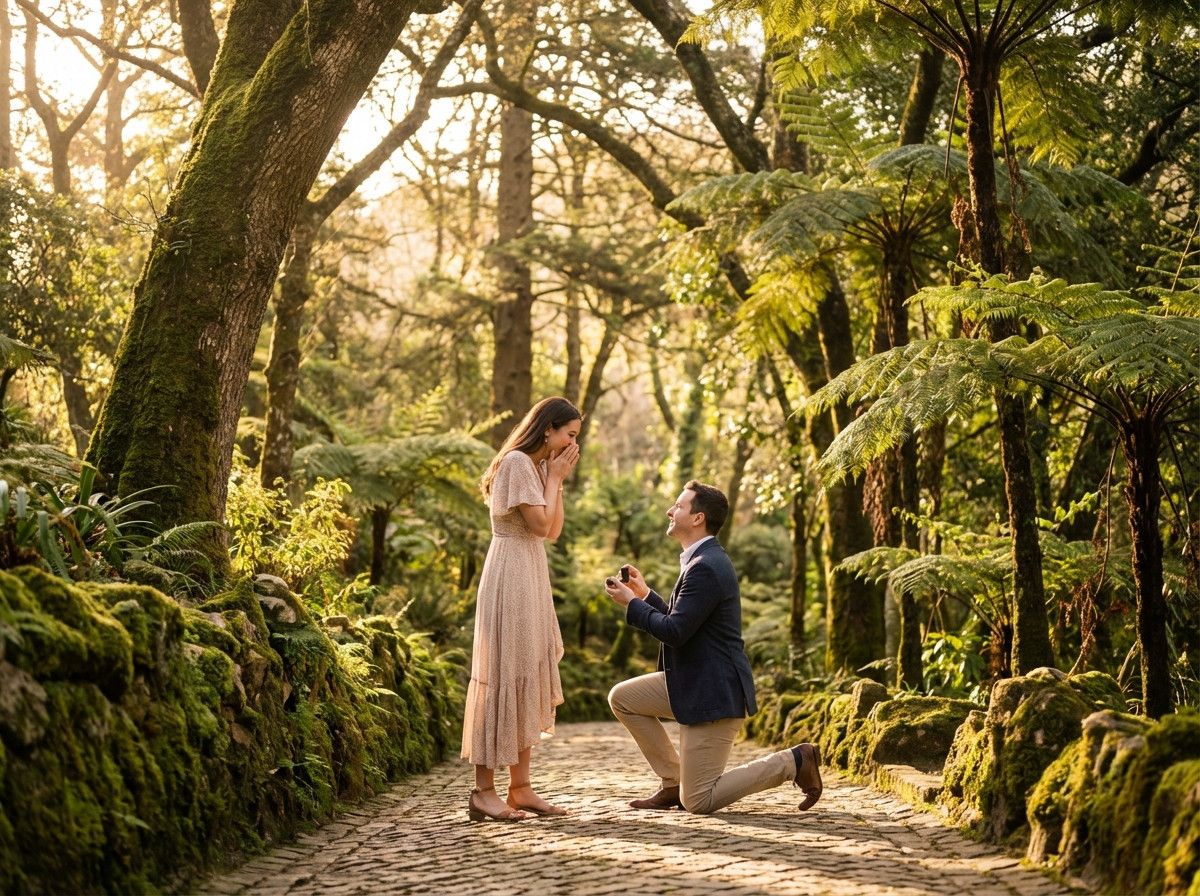 A couple standing in a lush garden in Sintra, early morning light filtering through the trees. No other people are visible. The couple is looking at each other, and the man is about to propose.
