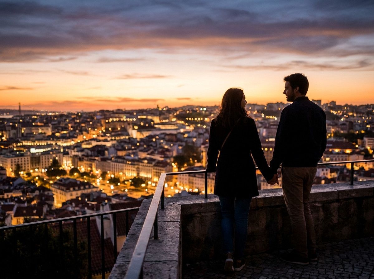 A couple standing at a scenic viewpoint in Lisbon at dusk, looking out over the city lights. The focus is on their silhouette or gentle interaction, with the city panorama in the background. The mood is romantic and cinematic, without recognizable famous 