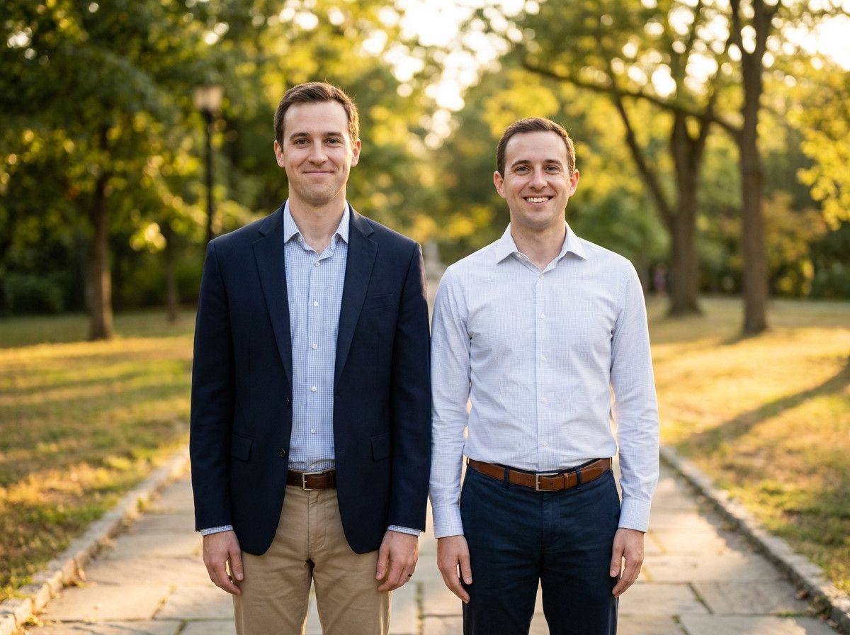 A couple standing stiffly side-by-side, looking directly at the camera with forced smiles, in a slightly awkward and unnatural pose. The background is blurred to keep focus on the couple.