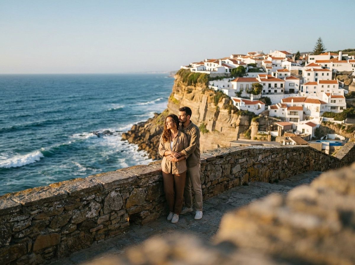 A couple standing by a low stone wall overlooking the ocean in Azenhas do Mar, with the dramatic cliffs and sea in the background. Their interaction is natural and relaxed, perhaps a tender embrace or sharing a quiet moment, showcasing the romantic settin