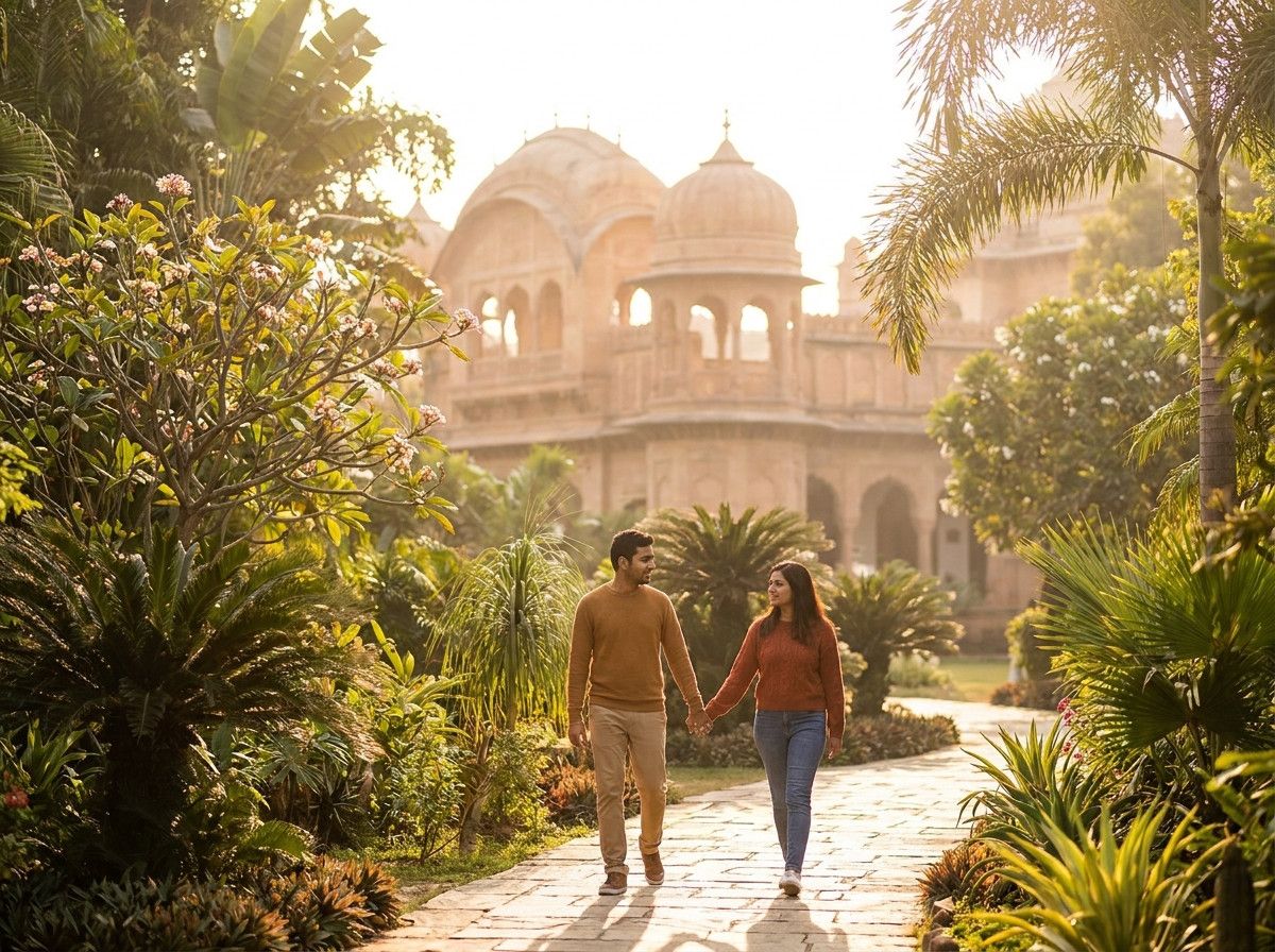 A couple walking hand-in-hand through a lush, exotic garden with a grand, ornate palace visible in the background, bathed in soft, natural light. The path is quiet and inviting, emphasizing intimacy and tranquility.