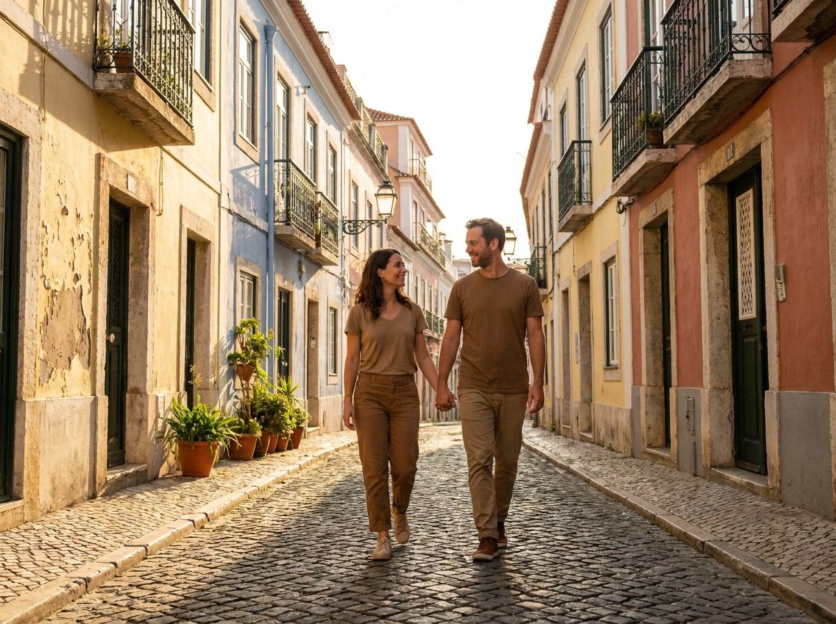 A couple walking hand-in-hand down a charming, narrow cobblestone street in Lisbon, with historic buildings and vibrant colors in the background. The focus is on their natural interaction and the authentic atmosphere of the city, not on specific landmarks