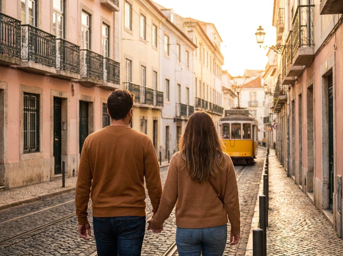 A couple walking hand-in-hand through a beautiful, sunlit street in Lisbon, their backs to the camera, showcasing the charming architecture and atmosphere of the city. The focus is on the sense of journey and connection.