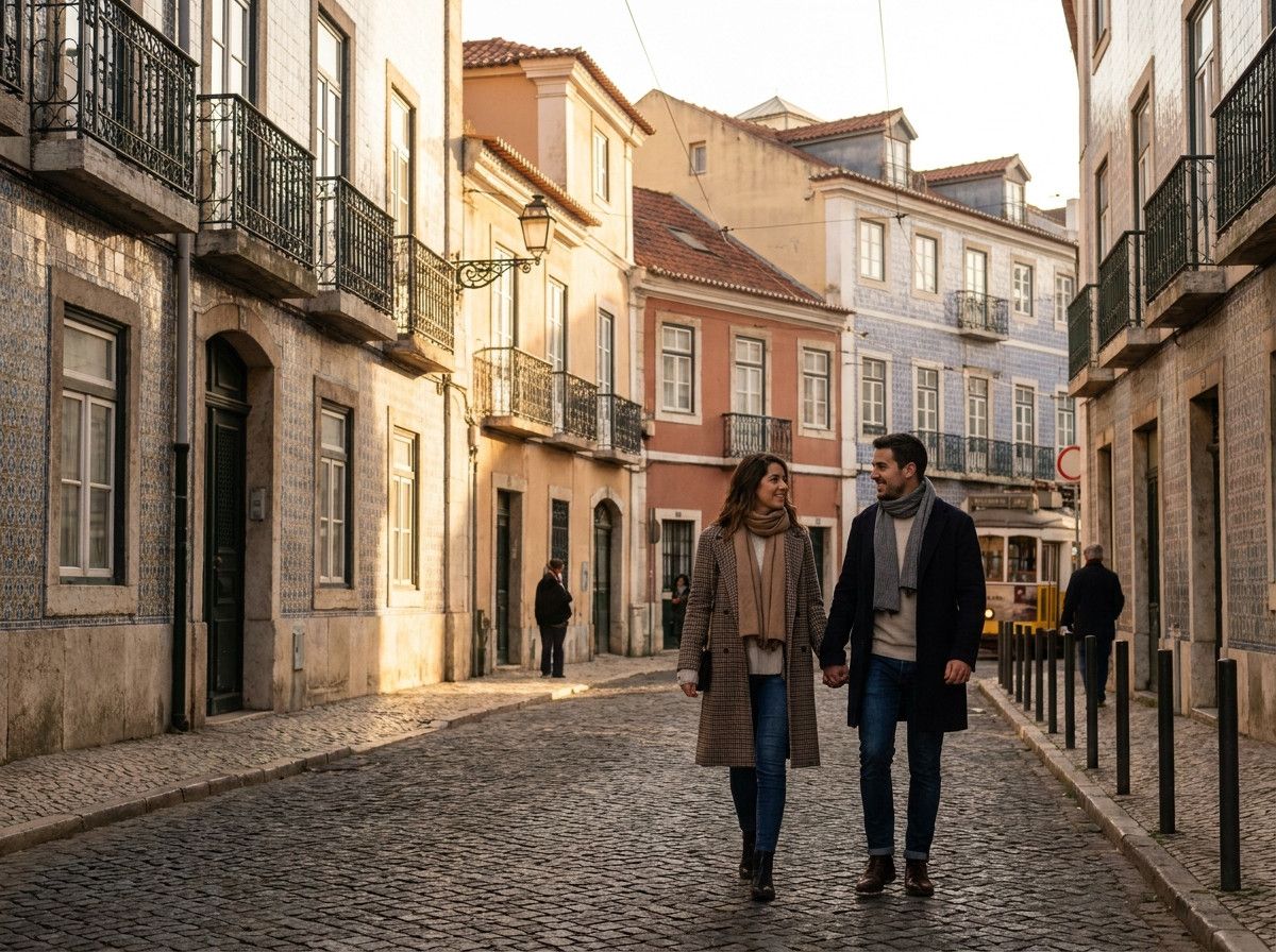 A couple walking hand-in-hand through a quiet, cobblestone street in Lisbon during winter. The light is soft and golden, casting long shadows. They are dressed in stylish, warm layered clothing. The focus is on their connection and the beautiful, muted wi