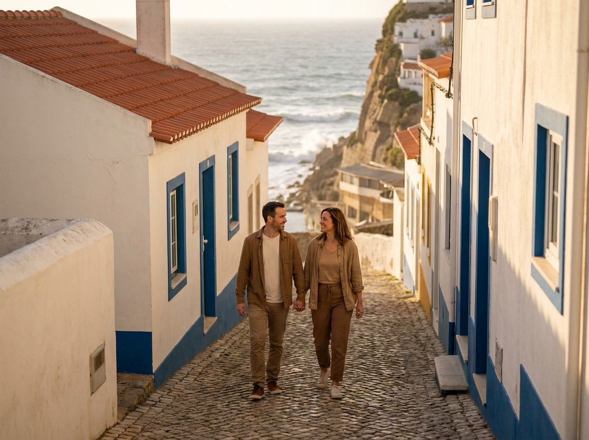 A couple walking hand-in-hand along a narrow, cobblestone path in Azenhas do Mar, with whitewashed houses on either side. The focus is on their connection, with the charming village architecture as a natural backdrop, suggesting intimacy and exploration.