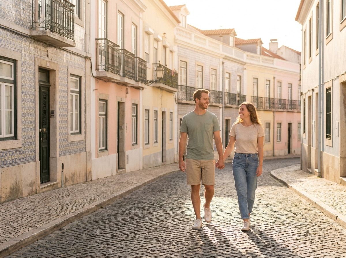 A couple walking hand-in-hand down a charming, empty street in Lisbon during sunrise, bathed in soft, warm golden light, with long shadows stretching behind them. The focus is on their relaxed posture and the beautiful light on their faces and the surroun