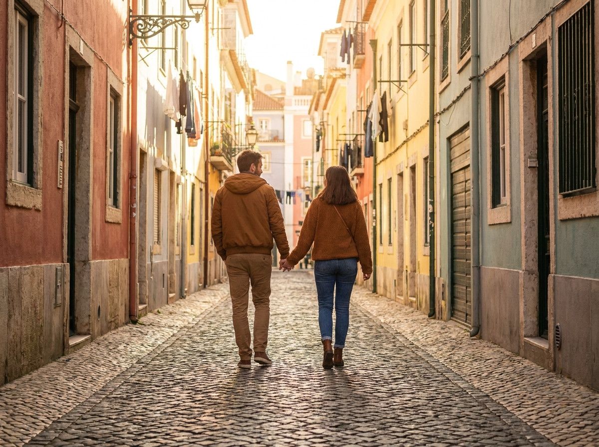 A couple walking hand-in-hand down a narrow, cobblestone street in a historic European city, with colorful buildings and laundry hanging overhead, seen from slightly behind them, capturing a candid, romantic moment.