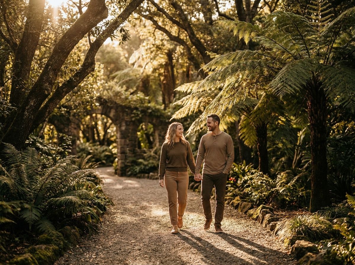 A couple walking through a lush botanical garden, sunlight dappling through trees, with a path winding ahead of them, capturing a sense of peace and intimacy.