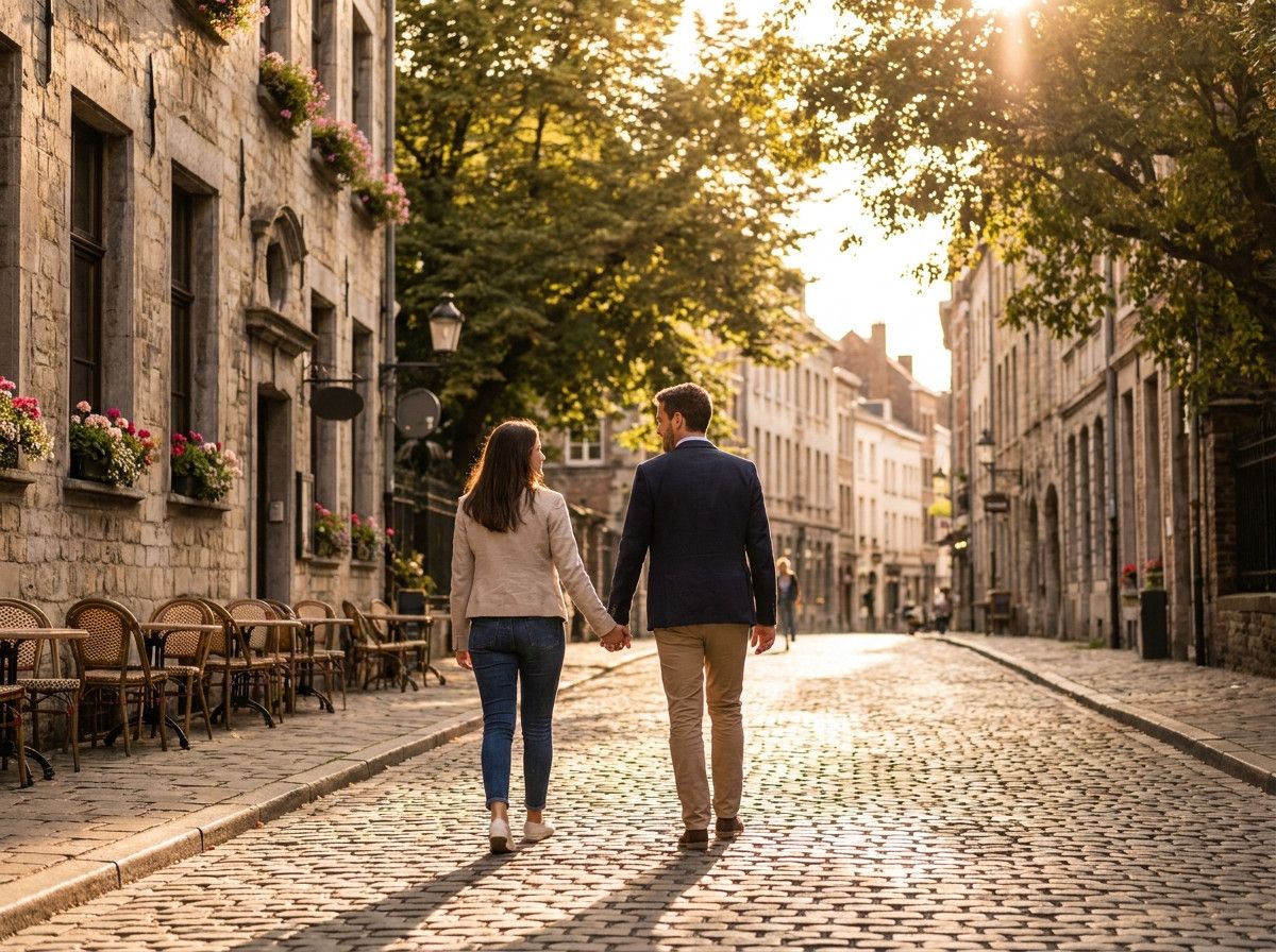 A couple walking hand-in-hand down a charming, sun-dappled street in a European city, their backs slightly turned to the camera, showcasing a natural, unposed moment of connection. They are dressed in smart casual attire.
