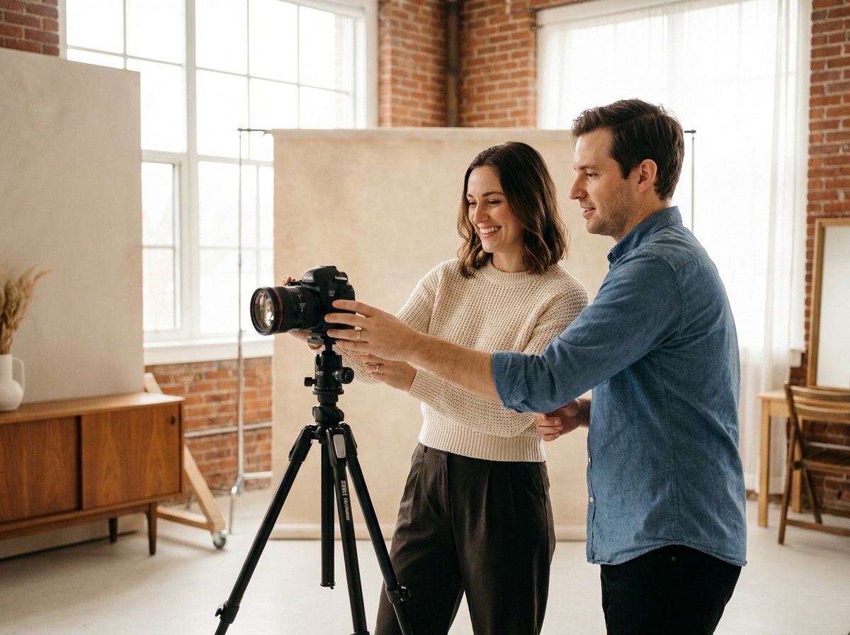 A female subject and a male photographer engaged in a collaborative posing session, with the photographer gently guiding her hand or posture, ensuring she looks comfortable and natural, in a bright, modern studio setting. Focus on connection and relaxed b