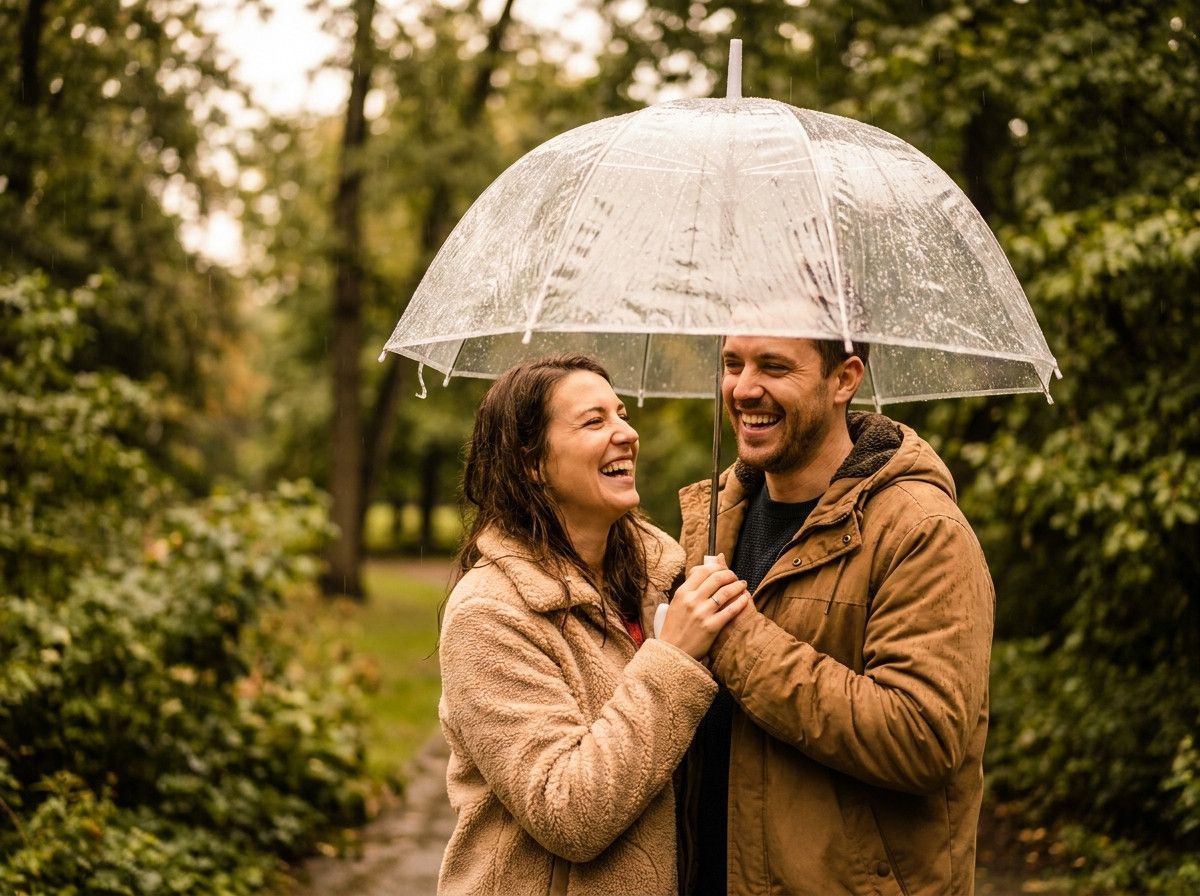 A happy couple laughing under a stylish clear umbrella during a light rain shower, with a blurred natural background, showing joy and comfort despite the weather.