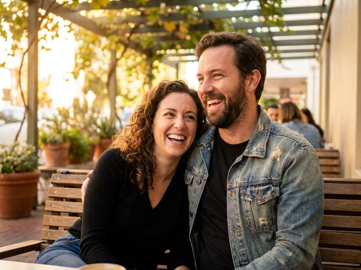 A heartwarming candid photo of a couple or individual laughing naturally, without looking directly at the camera, in a soft, sunlit environment, emphasizing genuine emotion over a posed setup.