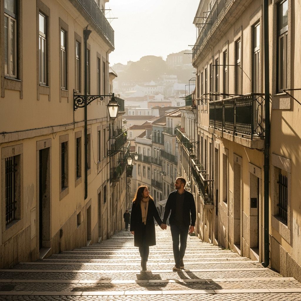 A lifestyle photo of a couple walking hand-in-hand through the Alfama district of Lisbon in the early morning. The light is soft and warm, casting long shadows. The couple is dressed casually and naturally, looking happy and relaxed.