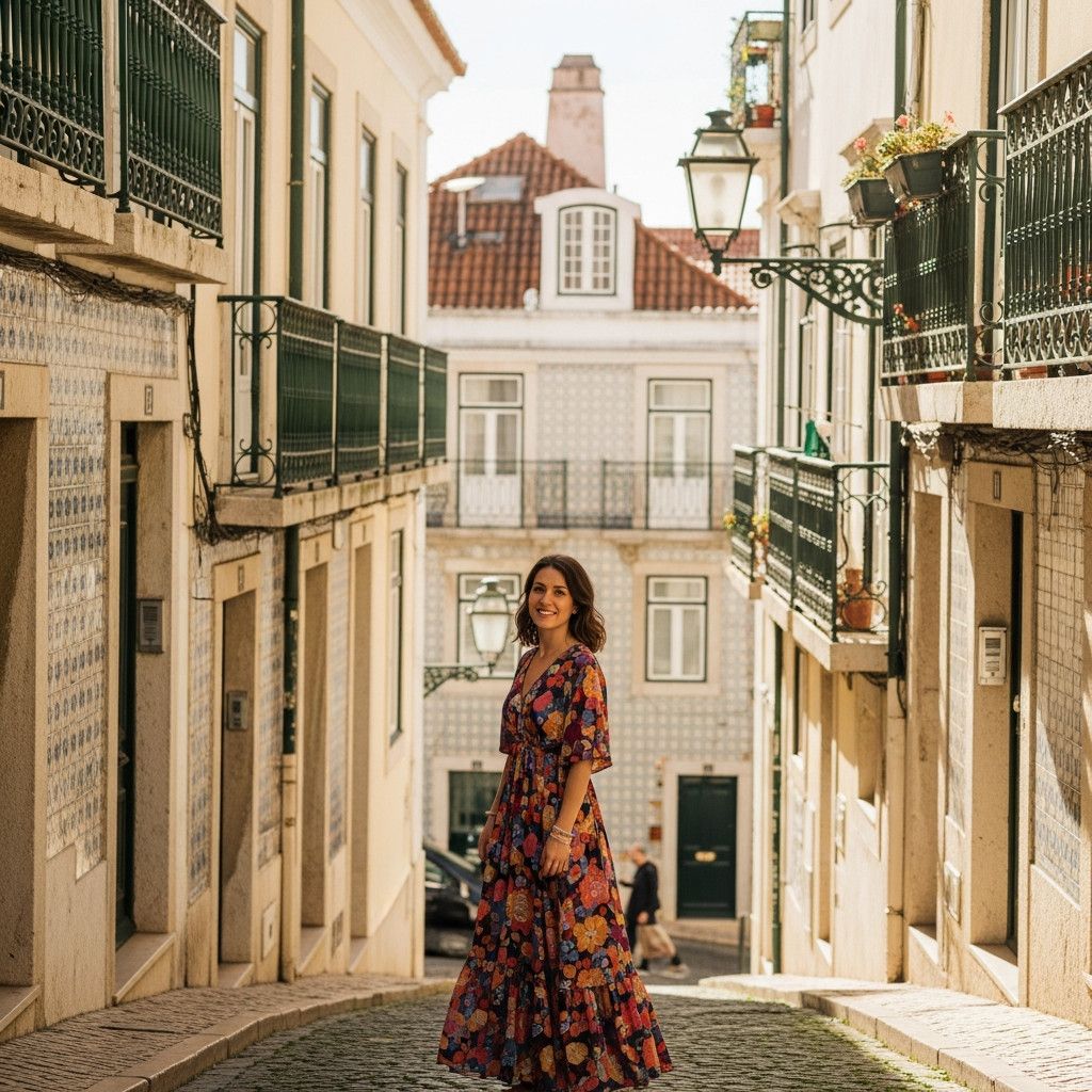 A lifestyle photoshoot in Alfama, Lisbon. A woman in a flowing dress stands in a narrow, sunlit street. The background features traditional Portuguese architecture, including colorful tiles and wrought-iron balconies. The woman is smiling naturally and lo