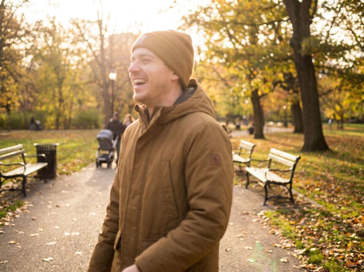 A lifestyle portrait of a person (gender neutral, not showing distinct facial features) laughing naturally while walking in a park, with soft natural light, conveying authenticity and approachability. The image should feel candid yet professionally compos