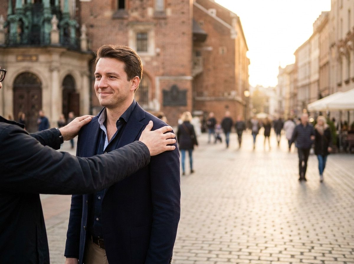 A man in smart casual attire, initially looking slightly stiff, being gently guided by a photographer (only the hands or back of the photographer visible) into a more relaxed, natural pose with a soft smile, in an urban setting.