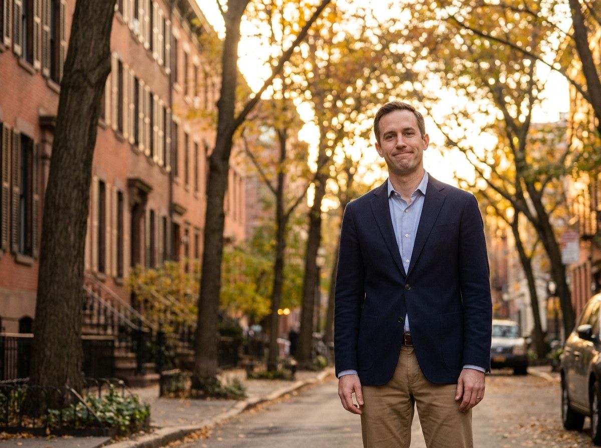 A man in his late 30s, dressed in smart casual attire, standing slightly awkwardly but with a soft, reassuring smile from an unseen photographer. The setting is a natural, urban environment, suggesting a relaxed atmosphere.