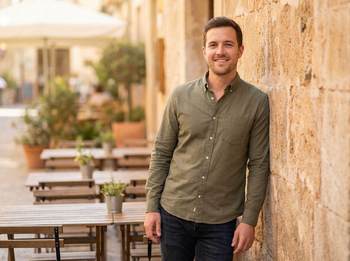 A man in his early 30s, looking relaxed and confident in a natural, candid pose. He is wearing a simple, well-fitting shirt, perhaps leaning against a textured wall or sitting casually.