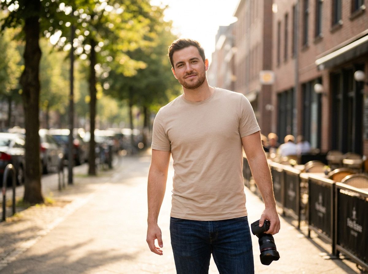 A man in his late 20s to early 30s, dressed in a stylish but casual outfit consisting of a well-fitting light-colored t-shirt and dark jeans, standing relaxed in an urban setting with soft, natural light, looking confident and approachable. The background