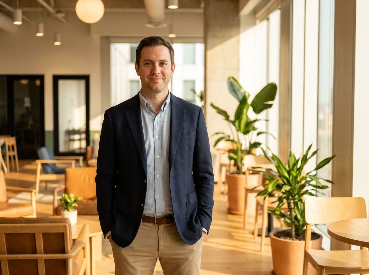 A man in his 30s, dressed in a smart-casual outfit including a well-fitted collared shirt and a light blazer, standing confidently with his hands in his pockets, a subtle smile on his face, in a clean, modern interior setting with good natural light. The 