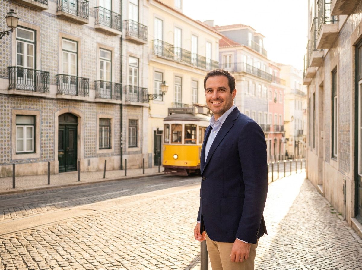 A man in smart casual attire, smiling confidently, standing on a charming street in Lisbon with traditional Portuguese architecture and cobblestones visible behind him. The natural light is soft and inviting.