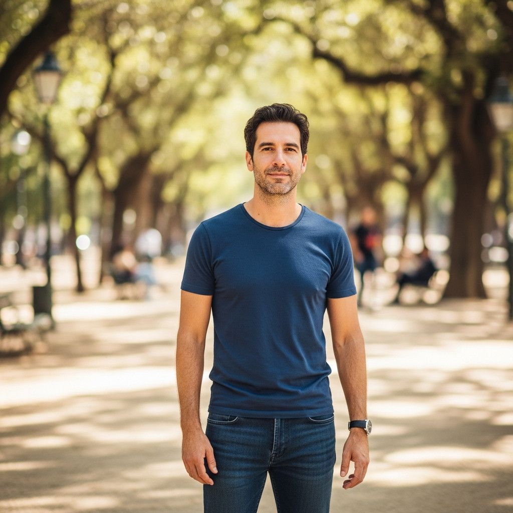 A man wearing a well-fitting dark blue t-shirt and dark wash jeans, standing in a Lisbon park with natural light. He should have a relaxed, confident expression.