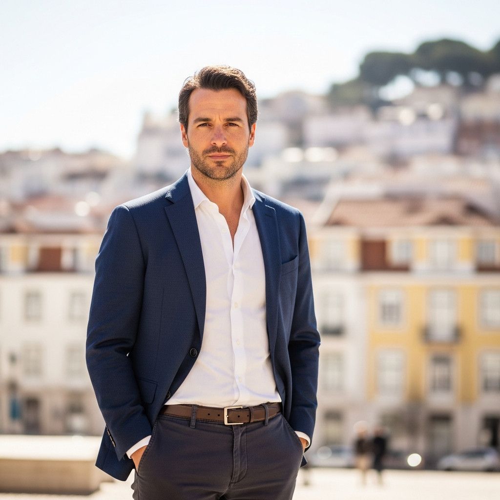 A man wearing a navy blue blazer, a white dress shirt, and dark gray chinos, standing against a blurred urban background in Lisbon. He should have a confident, slightly serious expression.