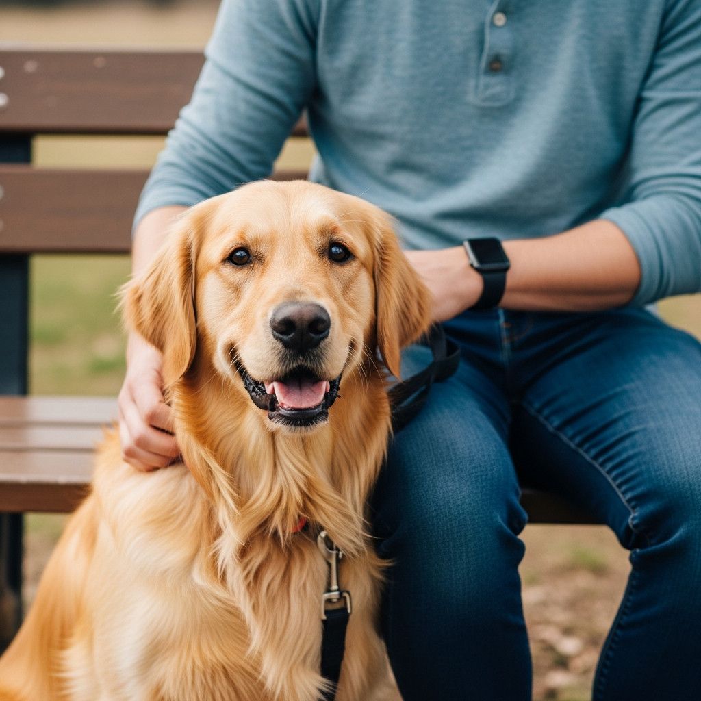 A medium shot of a person sitting on a park bench, gently petting a golden retriever. The dog is looking at the camera with a calm and happy expression. The background is a blurred natural setting.