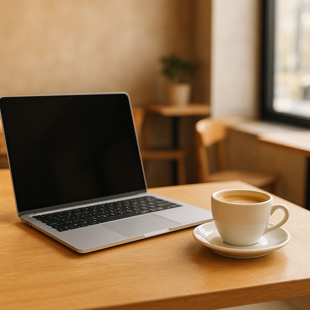 A modern, bright cafe interior with natural morning light washing over a matte wooden table, an open slim laptop, a single ceramic coffee cup, and neutral-toned wall textures in the soft-focus background