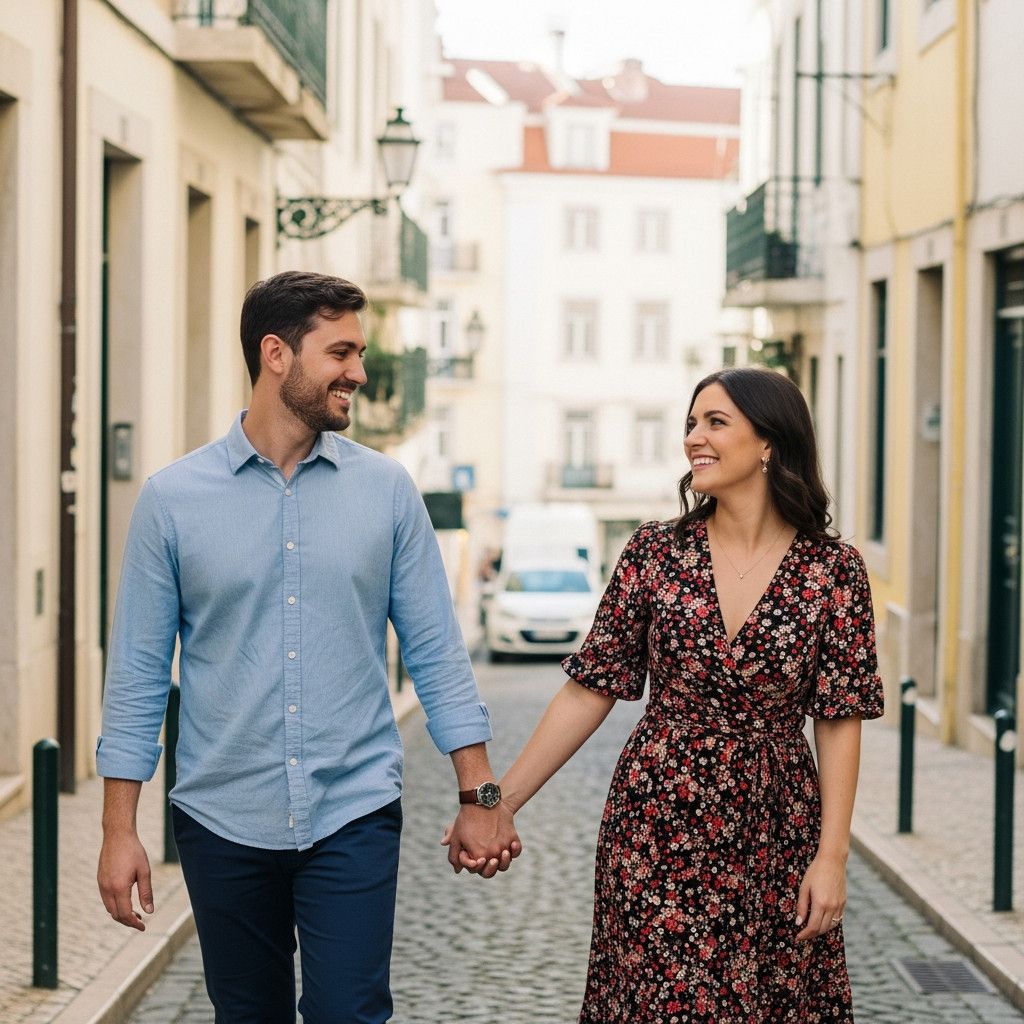 A newly engaged couple walking hand-in-hand through a charming Lisbon street, smiling at each other. The photographer is capturing them in a natural, candid way.